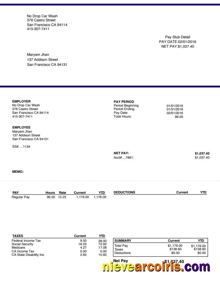Car Wash Paystub